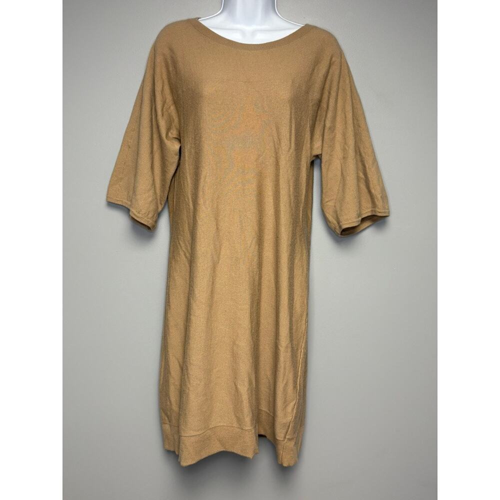Talbots Merino Wool Tan Neutral Minimalist Dolan Sleeve Sweater Shift Dress Sz M